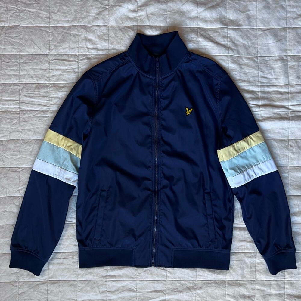 Lyle & Scott Navy Bomber Jacket with Yellow and Light Blue Stripes